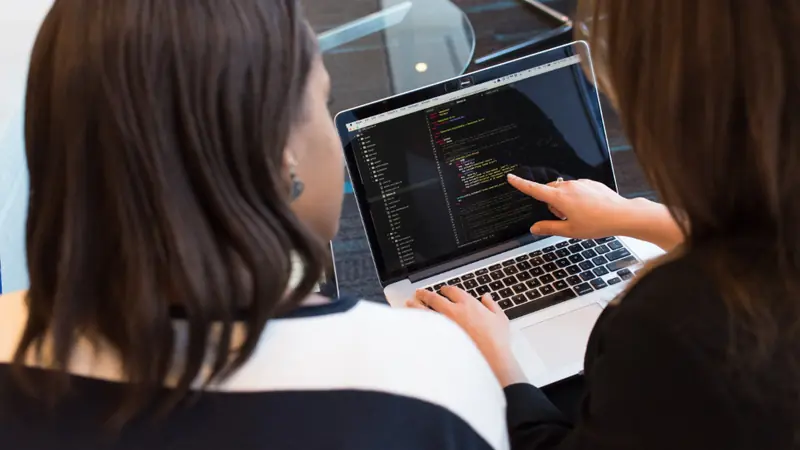 Two women chatting online together on one laptop